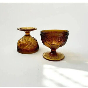 Vintage Brown + Gold set of 2 Glass Tiara Sweet Pear Amber Sherbert Dessert Cups